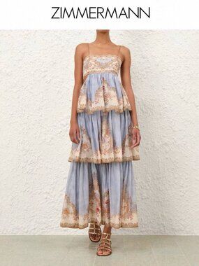 Zimmermann Tiered Floral Corset Midi Dress Blue Lace Up Back Size 0